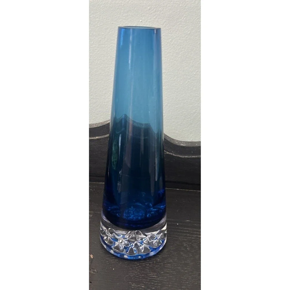 Cobalt Blue Art Glass Angular Blunted Cone Vase Heavy Bottom